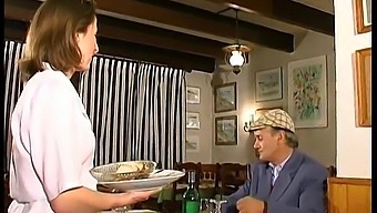 French Brunette Gets Naughty In A Restaurant With Papy Voyeur And His Friend